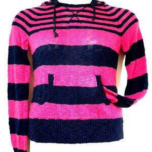 So Stripe Cotton Hoodie Pouch Jr M Hot Pink Navy Knit
